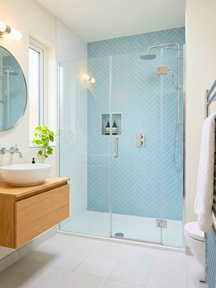 herringbone subway mosaic tiles for a sleek shower