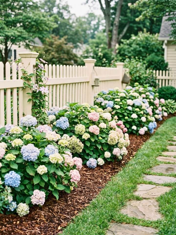 hydrangea border ideas for soft fence line color