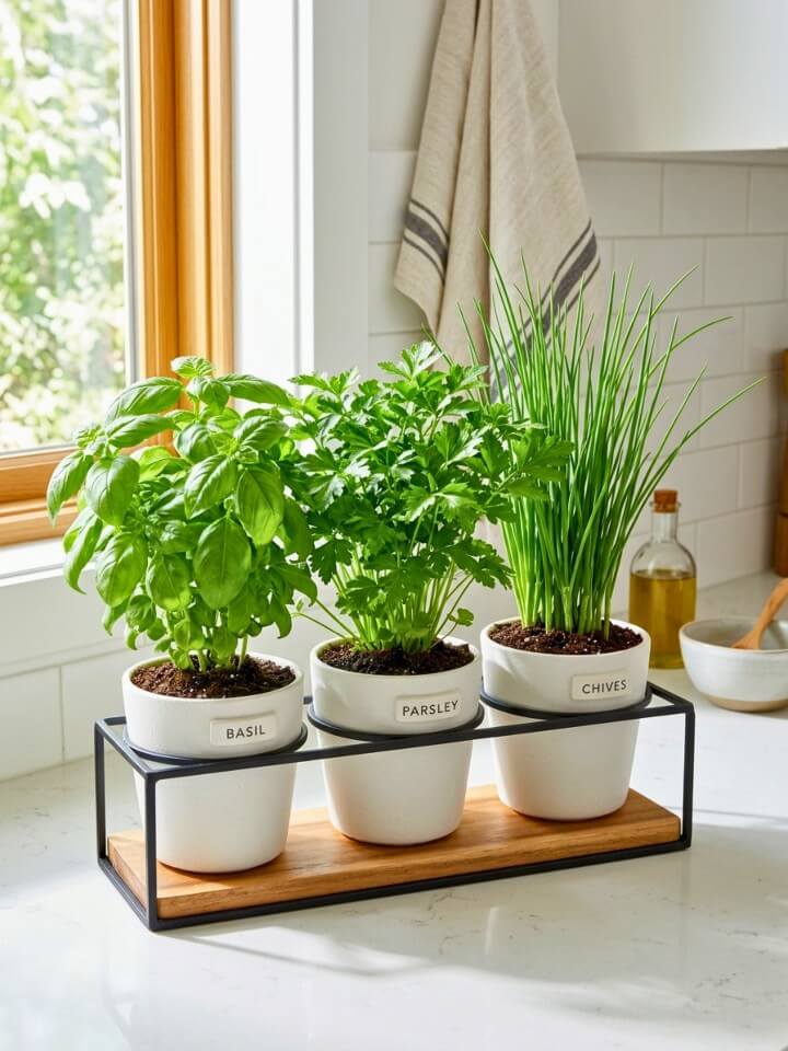 indoor kitchen counter herb rack layout