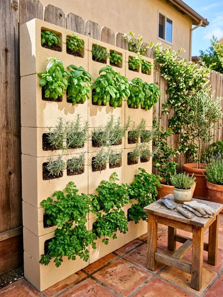 indoor outdoor patio herb bed with cinder blocks