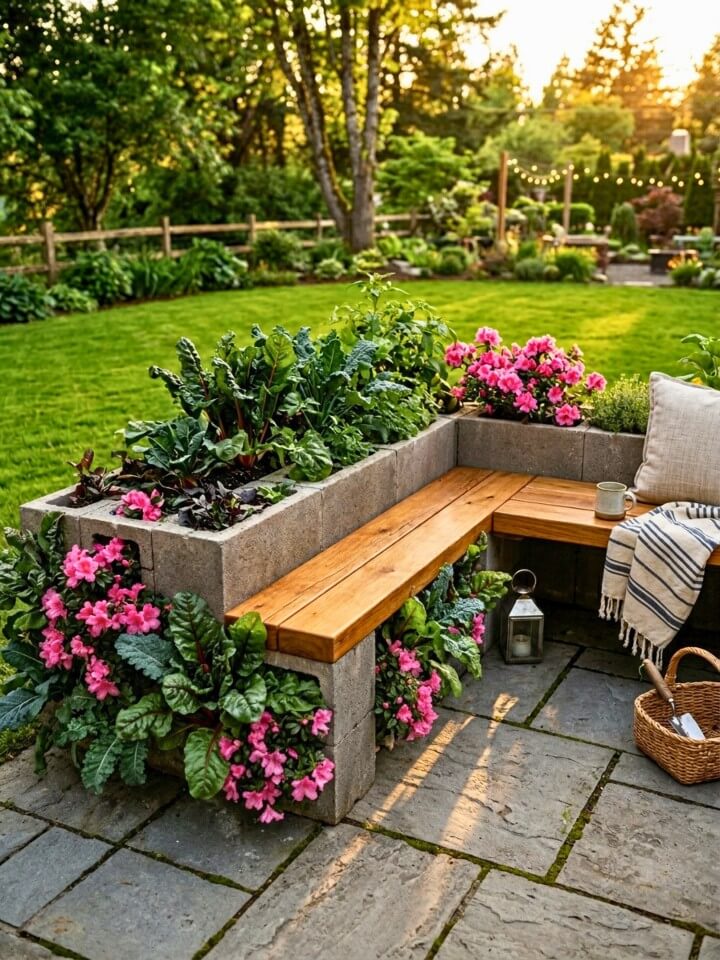 integrated seating and planter combo using cinder blocks