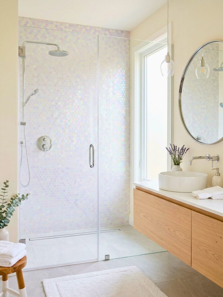 iridescent mosaic shower feature wall for a dreamy bathroom