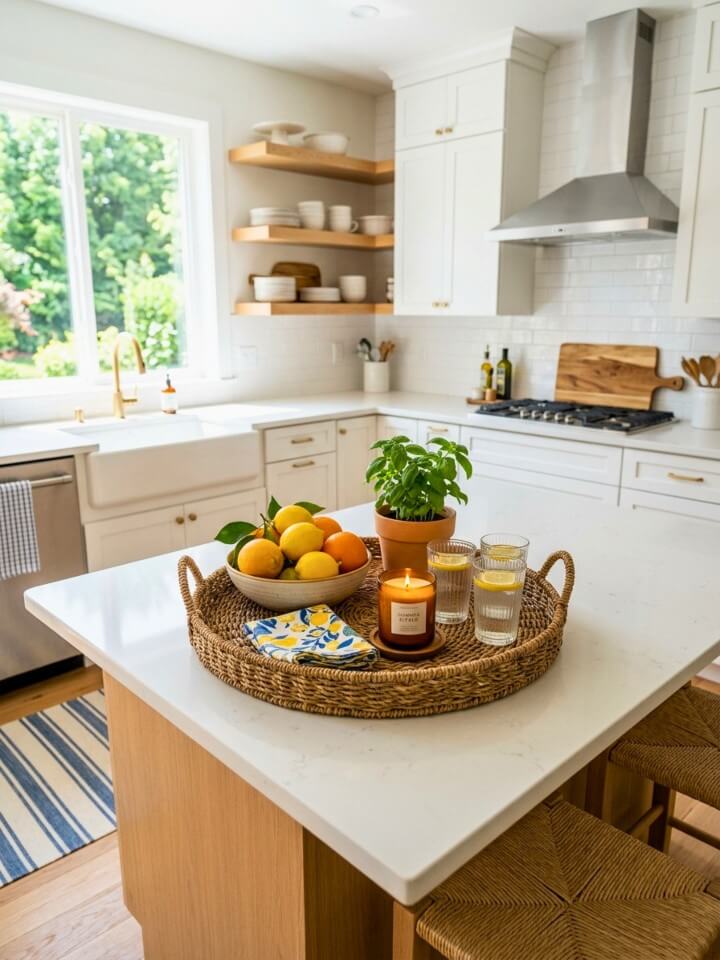 kitchen island tray styling for simple summer home décor
