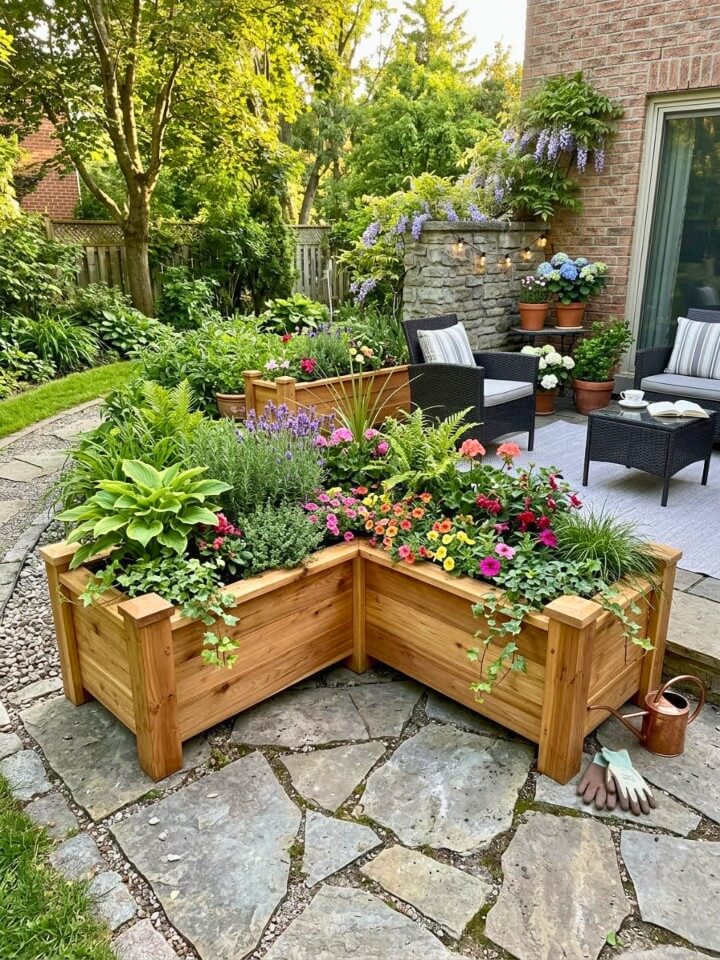 l shaped patio planter box with cinder blocks