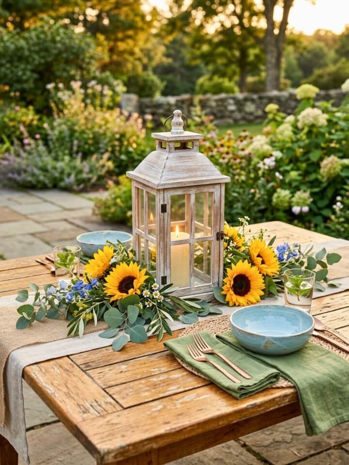 lantern centerpieces with fresh flowers for outdoor tables