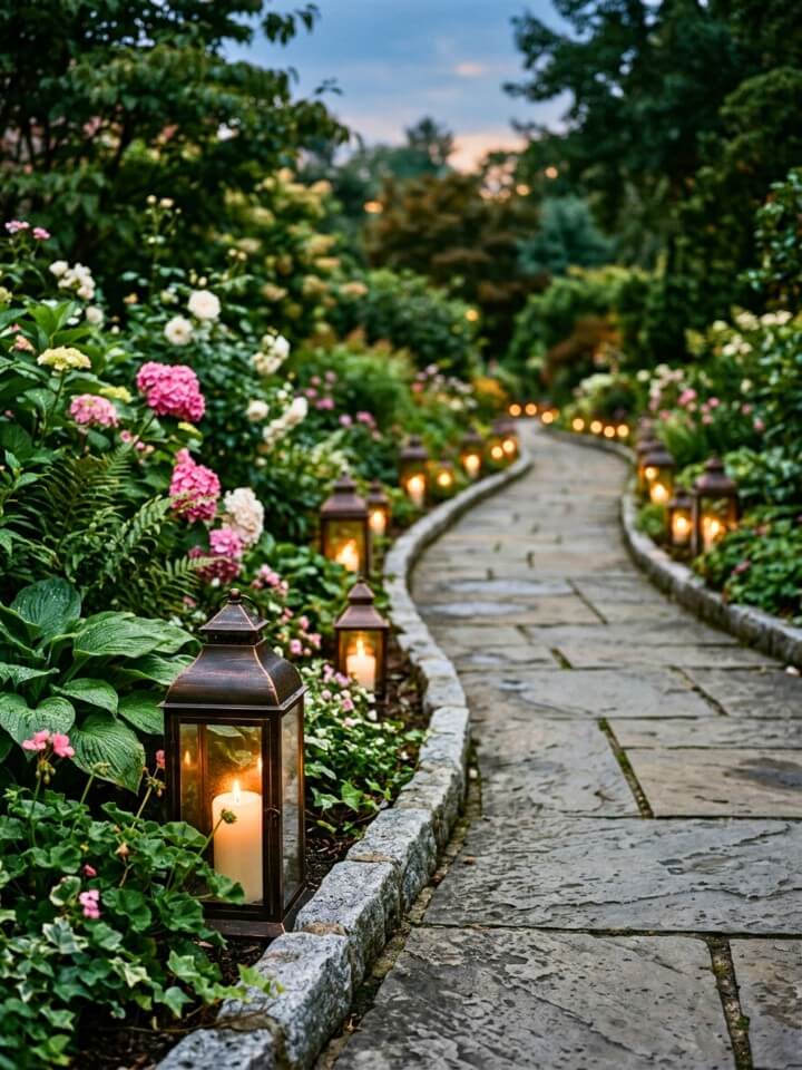 lanterns arranged along a flower garden border