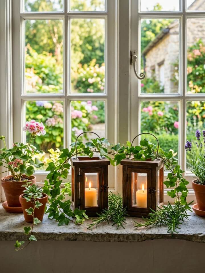 lanterns framed with greenery on windowsills