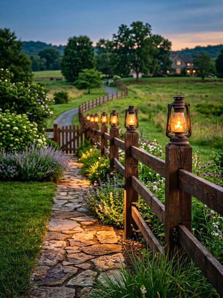 lanterns mounted on fence posts for garden borders