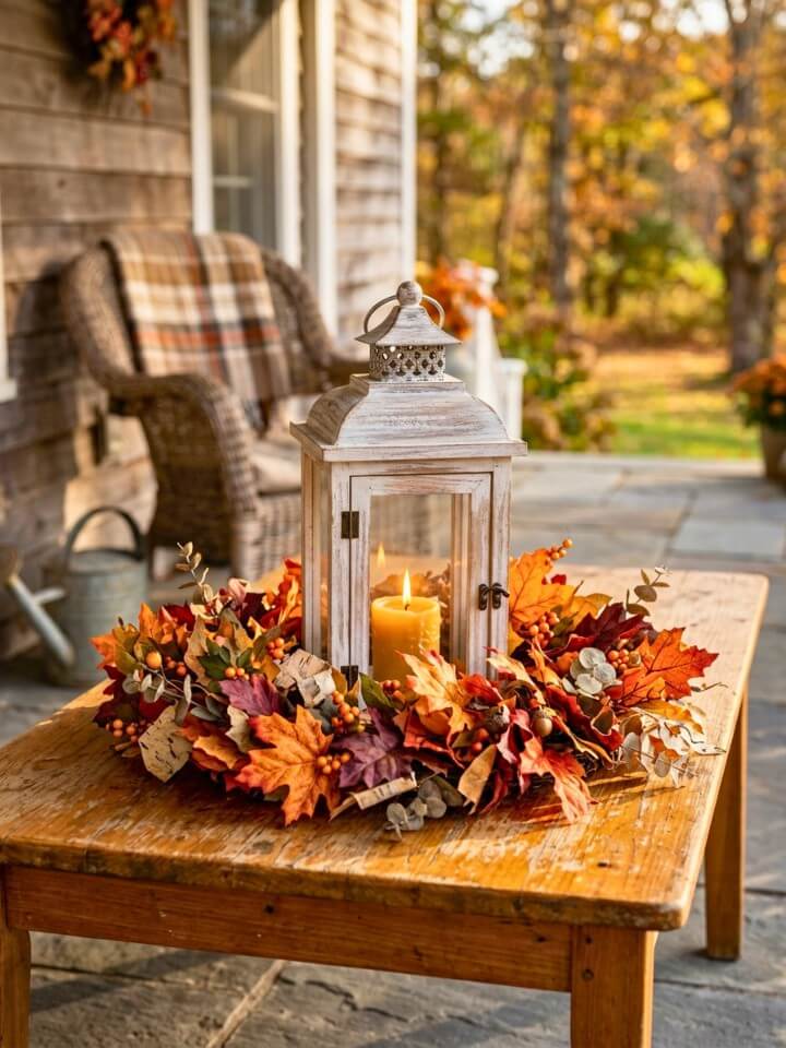 lanterns with seasonal wreath accents for farmhouse lantern decor