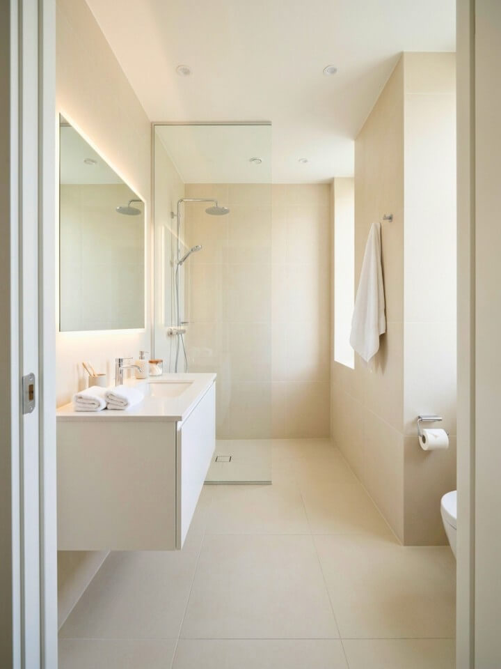 large tile small bathroom curbless shower idea