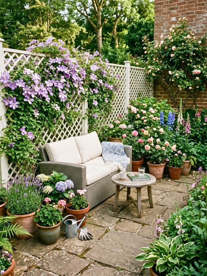 lattice fence with clematis vines