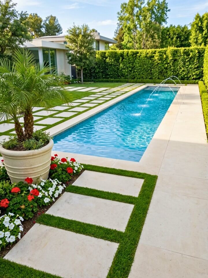 lawn strips and pavers around the rectangular pool