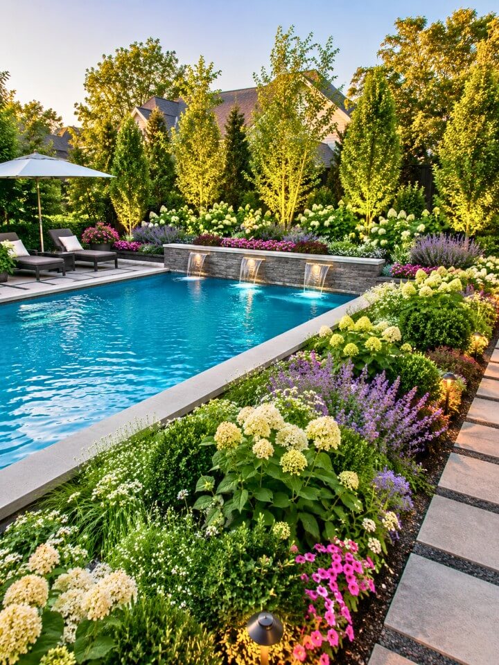 layered garden beds near the pool