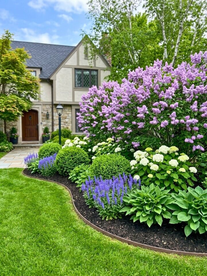 layered shrub bed with perennials and blooms