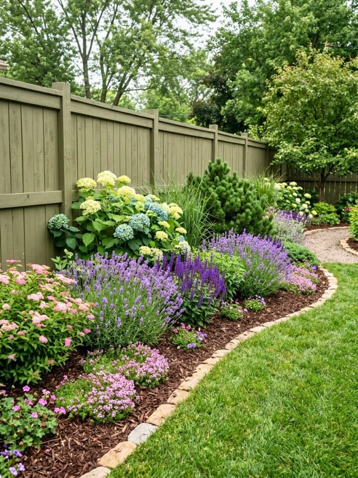 layered shrubs and flowers for fence line landscaping