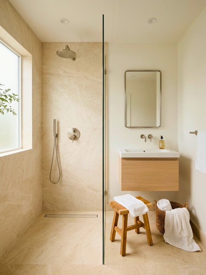 light stone tile curbless shower style