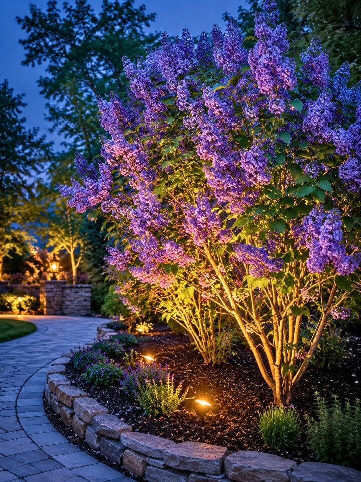 lilac bushes warm garden lighting