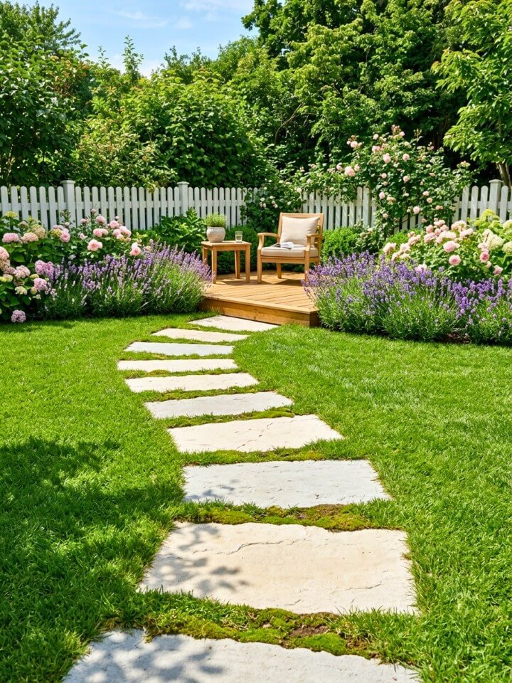 limestone step path leading to elegant backyard routes