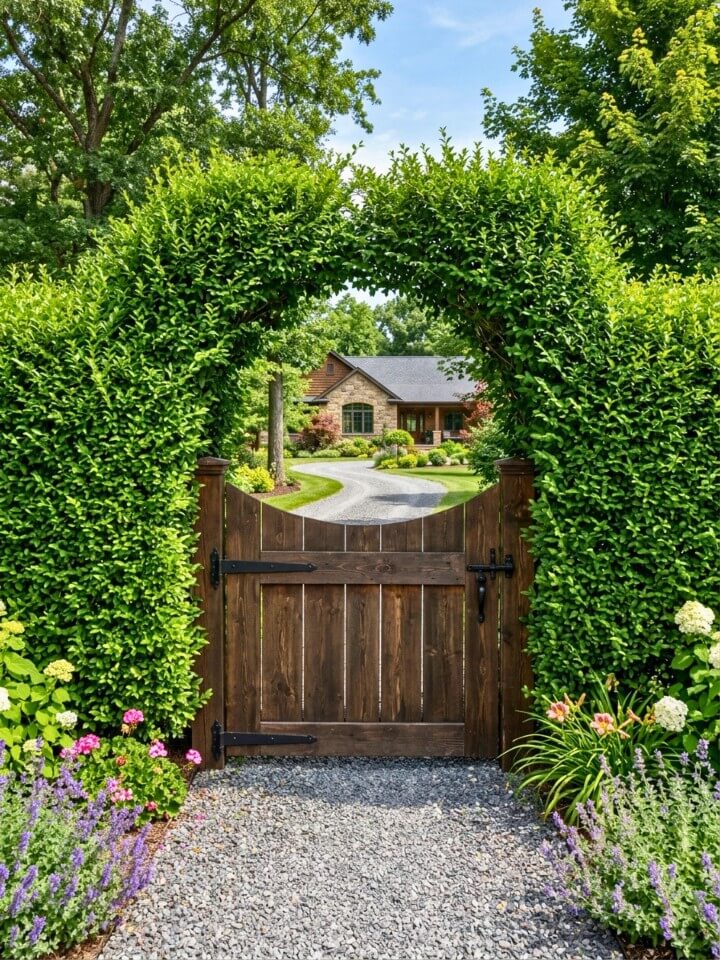 living hedge entrance with a hidden gate