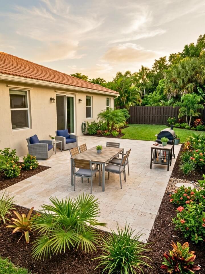 low maintenance backyard with a patio extension