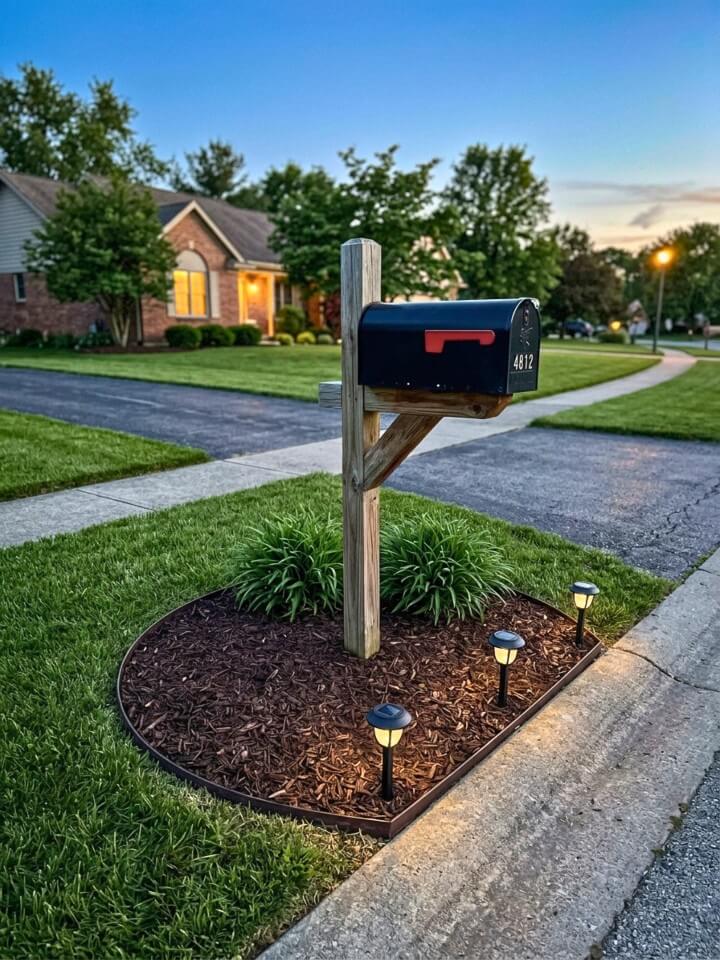 low maintenance mailbox mulch bed with solar lights