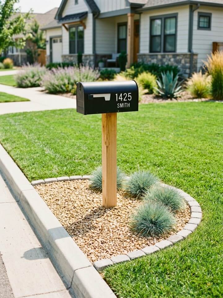 low maintenance pea gravel mailbox border