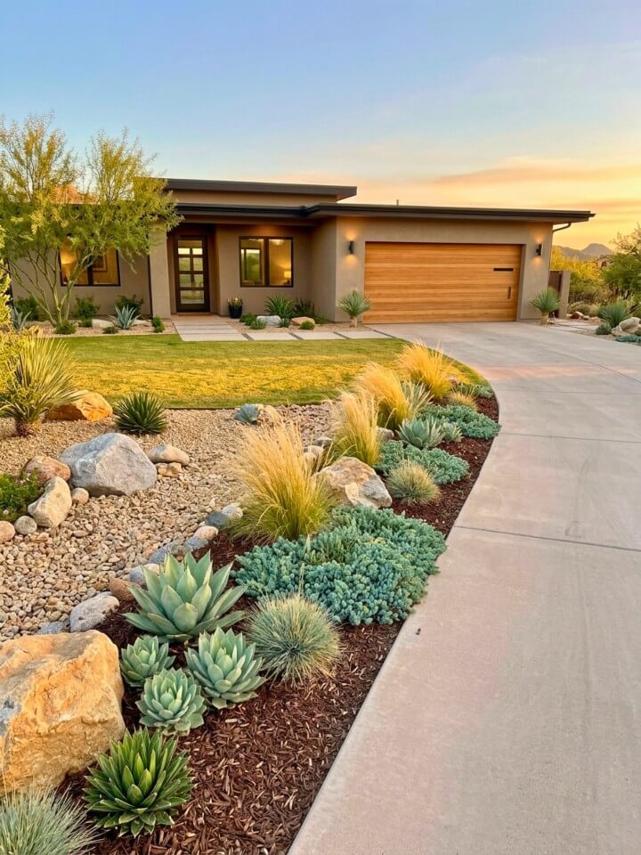 low maintenance rock garden along the drive