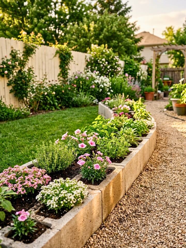 low profile ground level planter with cinder blocks