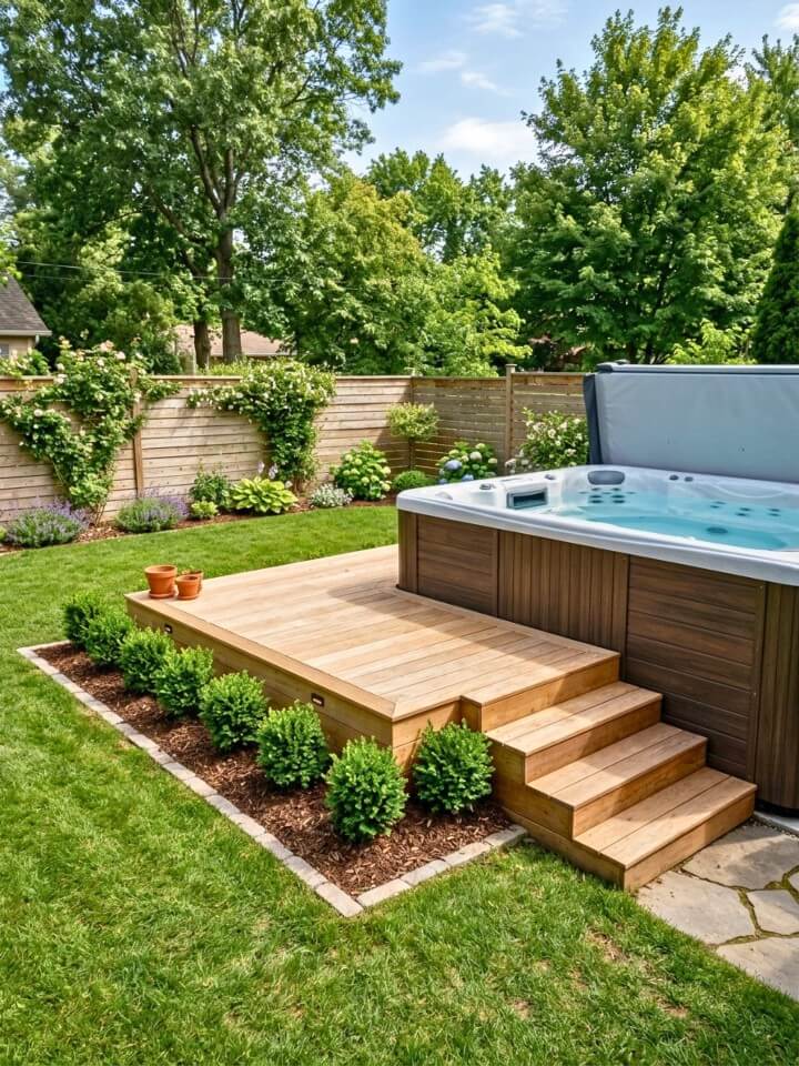 low shrubs around the swim spa platform