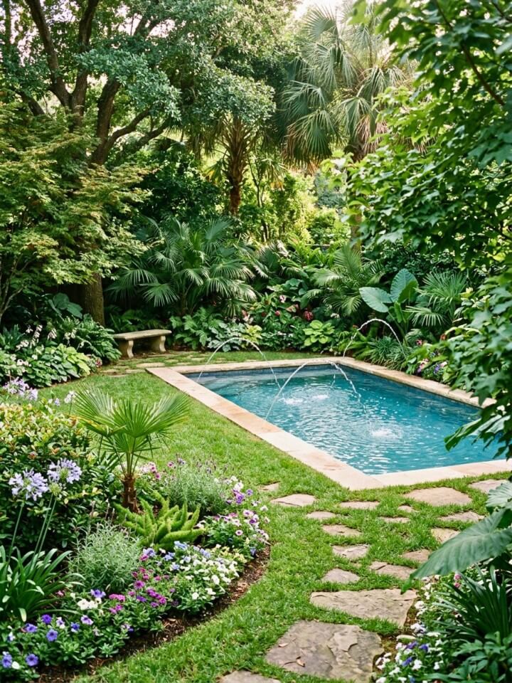 lush greenery around a rectangular pool