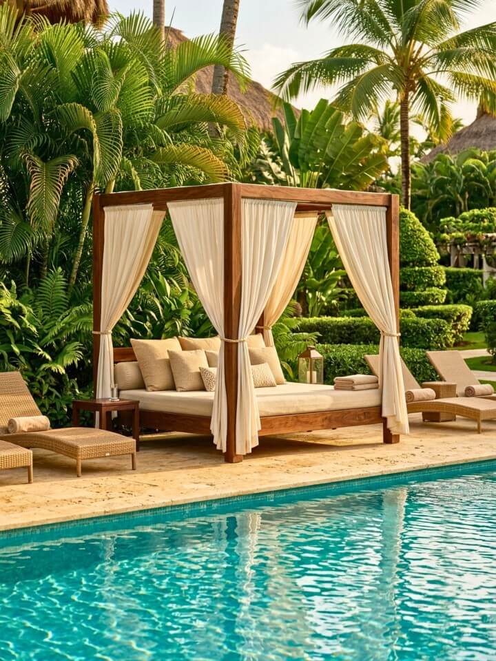luxurious cabana style canopy beds by the water