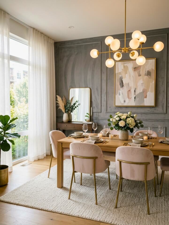 luxurious fabric covered accent wall in dining room