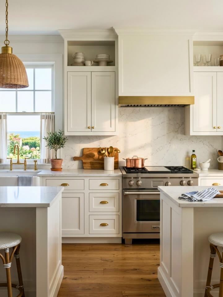 marble look backsplash in an elegant cape cod kitchen