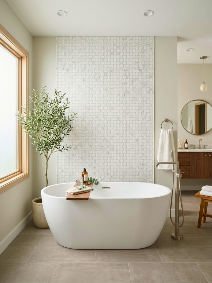 marble mosaic wall behind a freestanding tub