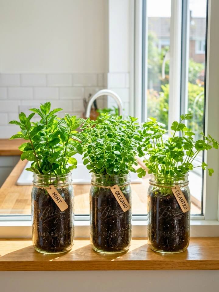 mason jar windowsill herb garden ideas