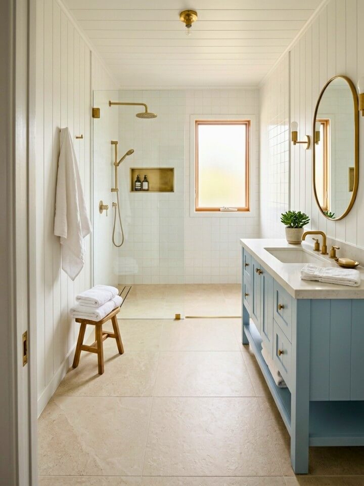 matching floor tile curbless shower look