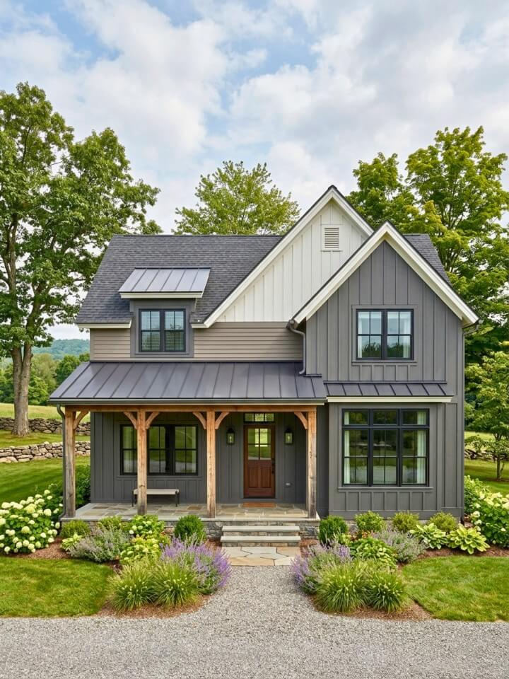 metal roof accents with vertical farmhouse siding