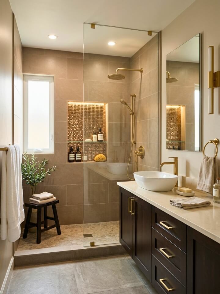 metallic mosaic tiles in a luxurious shower niche