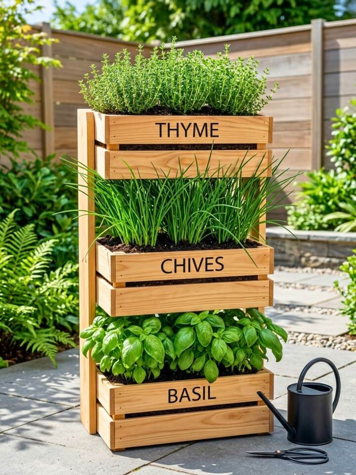 mini herb garden in stacked wooden crates