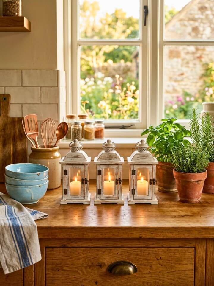 mini lanterns on a farmhouse kitchen counter