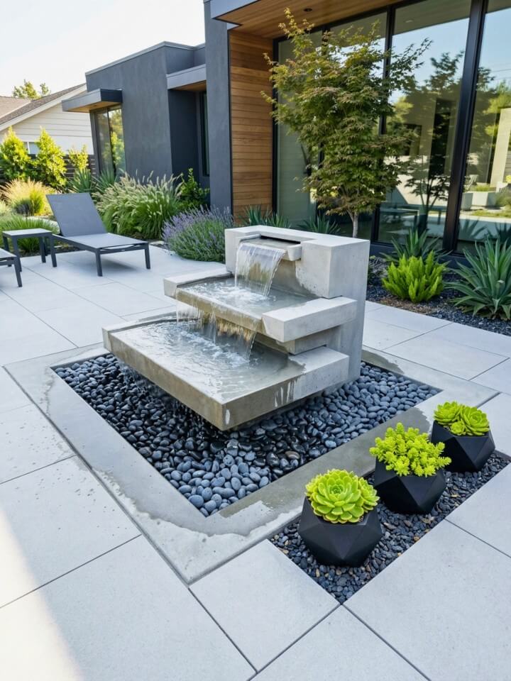 minimalist concrete slab fountain on modern patios