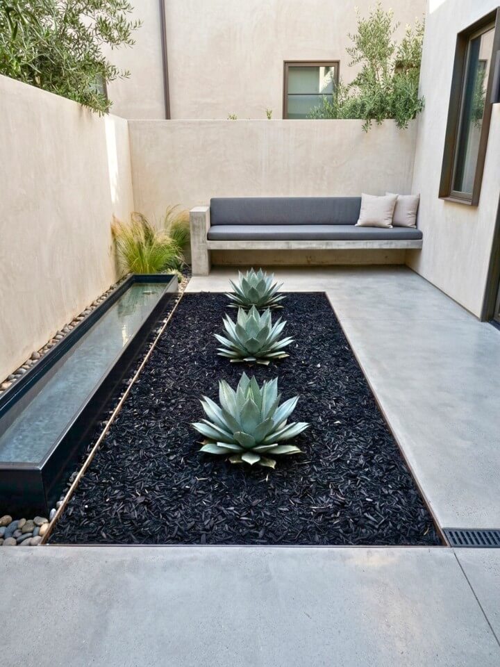 minimalist courtyard landscaping with black mulch and agave