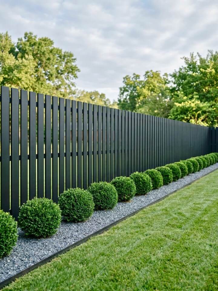 minimalist fence line landscaping with one plant type
