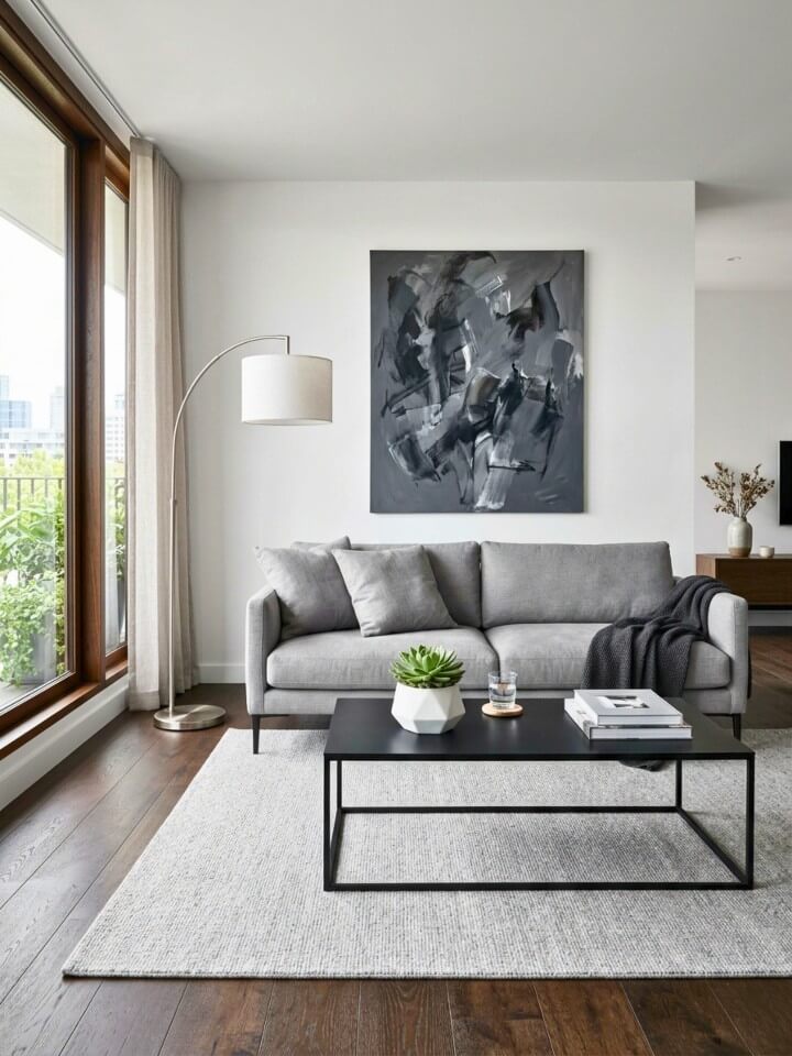 minimalist gray accents on dark brown flooring
