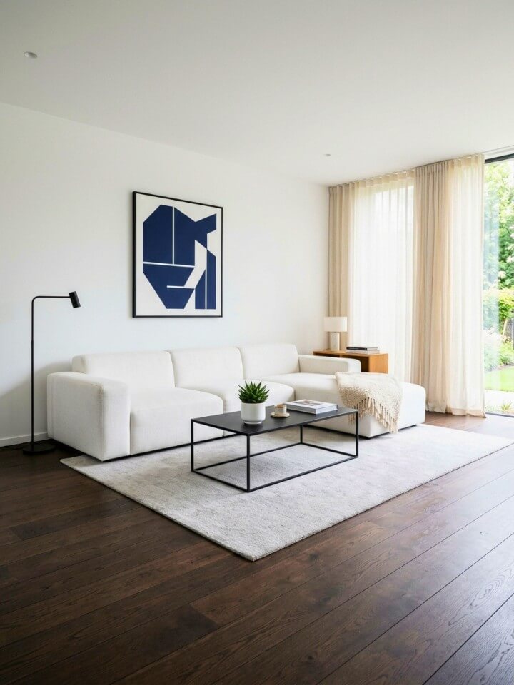 minimalist modern living with dark brown floors