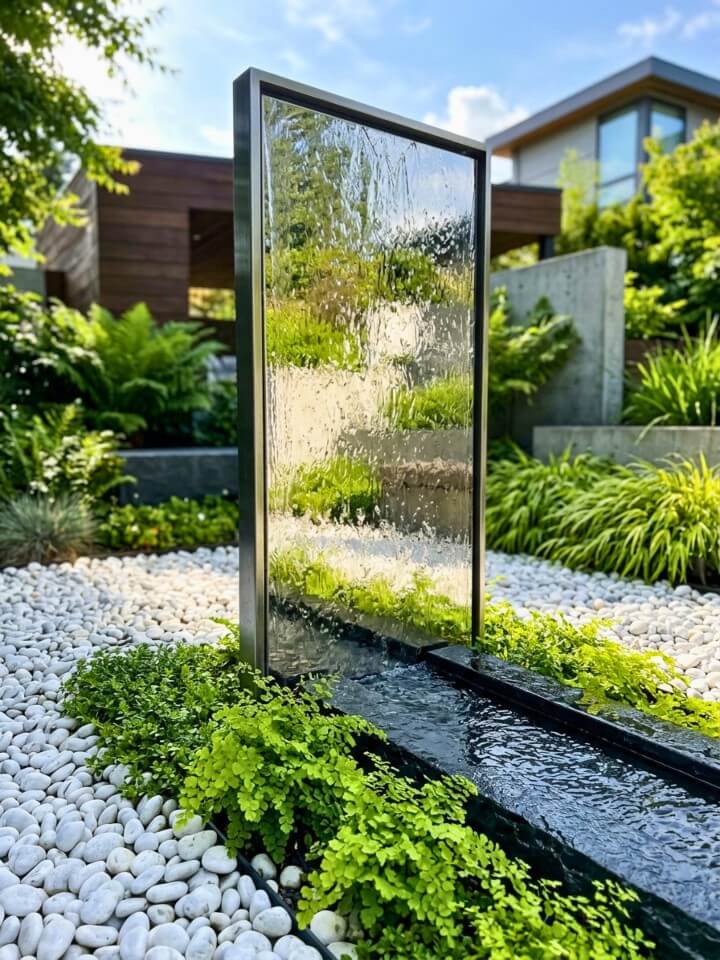 mirror water wall fountain in contemporary gardens