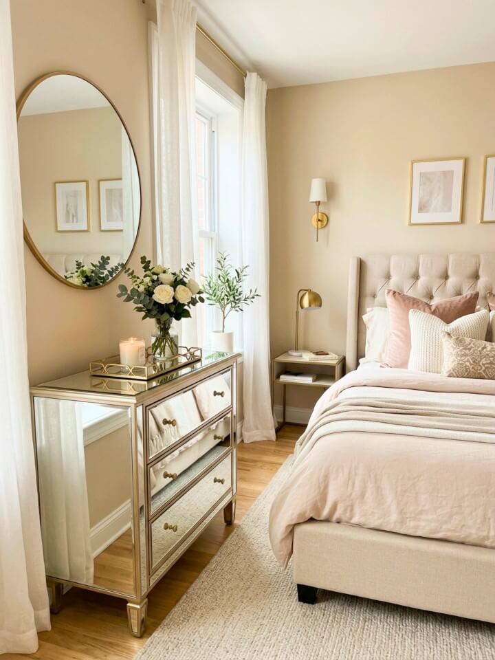 mirrored dresser to make the room feel brighter