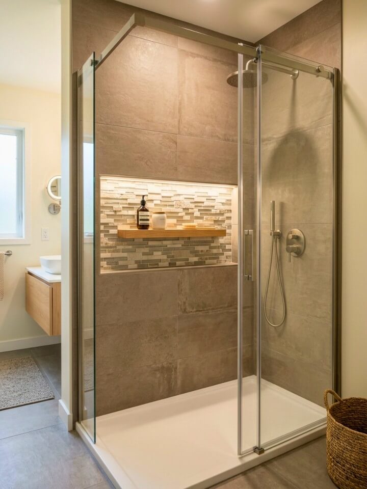 mixed material mosaic tiles in a recessed shower niche for a luxury bathroom