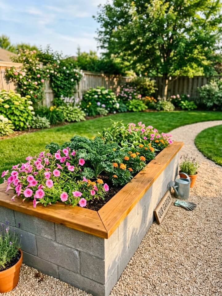 mixed material planter box with wood and cinder blocks