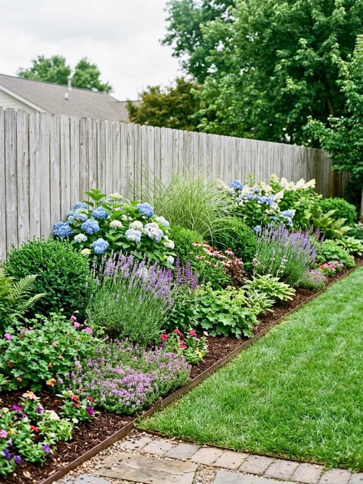 mixed plant border ideas for a lush fence line
